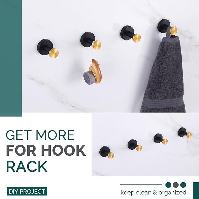 Angle Simple Towel Hook Black & Gold, Stainless Steel Bathroom Hook for Wall, Round Robe Hook, Hand Towel Holder