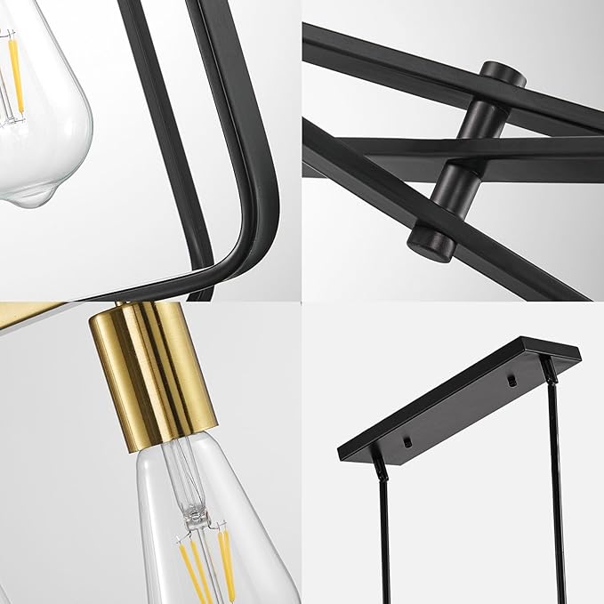 Black and Gold Farmhouse Chandeliers for Dining Room, 5-Light Kitchen Island Lighting, Rustic Rectangle Linear Pendant Lights, Large Dining Room Light Fixture/High Ceiling Chandelier Over Table