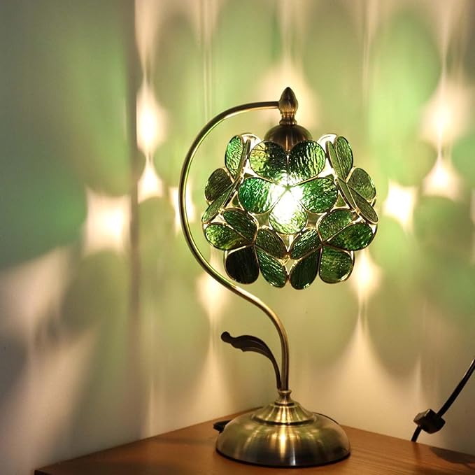 Bieye Tiffany Style Stained Glass Flower Petal Lampshade (Textured Deep Green, 8" Cherry Blossom)