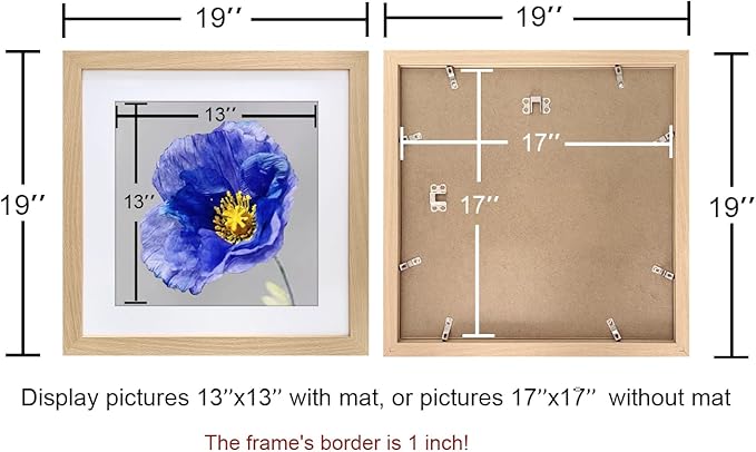 VNVNK 17x17 Frame Natural Wood Color, Perfect for 17x17 Inch Picture without Mat or 13x13 Inch Picture with Mat, Home Wall Decor Picture Frame-1 PCS
