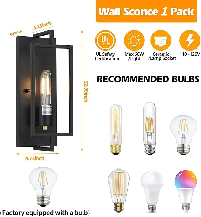 1-Light Black Wall Sconce,Metal Wall Sconce Light Fixtures,Ceramic E26 Base,Modern Indoor Lighting Hardwired【Bulb Included】