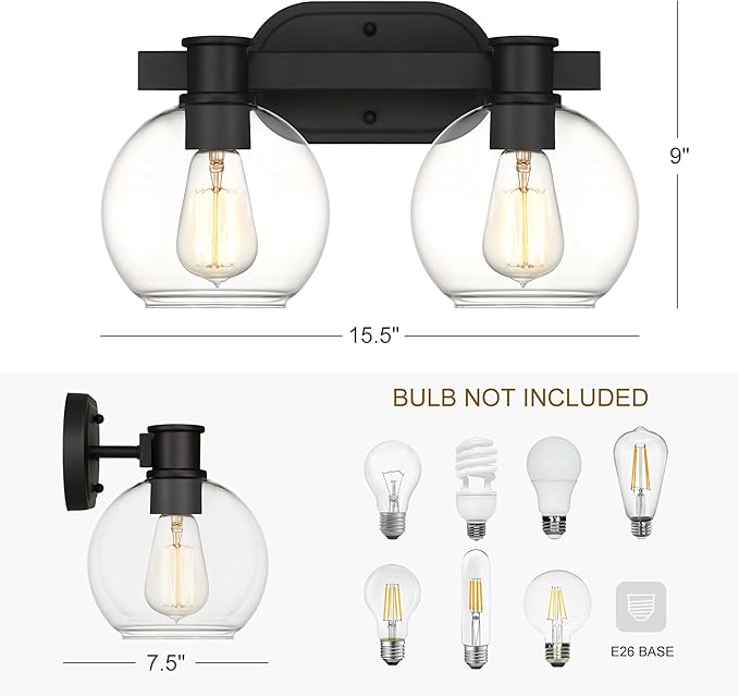 Dan Modern Farmhouse 2-Light Vanity Light Wall Sconce Lighting with Clear Glass Globe Shade in Light Black Finish for Bedroom, Hallway, Kitchen