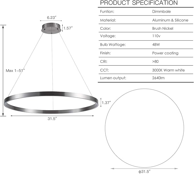 MADEM 31.5'' LED Modern Chandelier 1-Ring Circular Dimmable Pendant Light Flush Mount Pendant Lighting Adjustable for Living Room Dining Room, Bedroom, 3000K Warm White, Brush Nickel