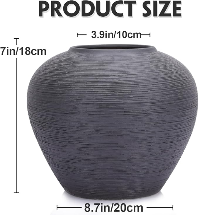 Rustic Black Ceramic Vase with Textured Finish, Large Round Terracotta Vases for Farmhouse Home Decoration, Wide Mouth Vintage Pottery Vases for Living Room, Kitchen, Table Centerpieces