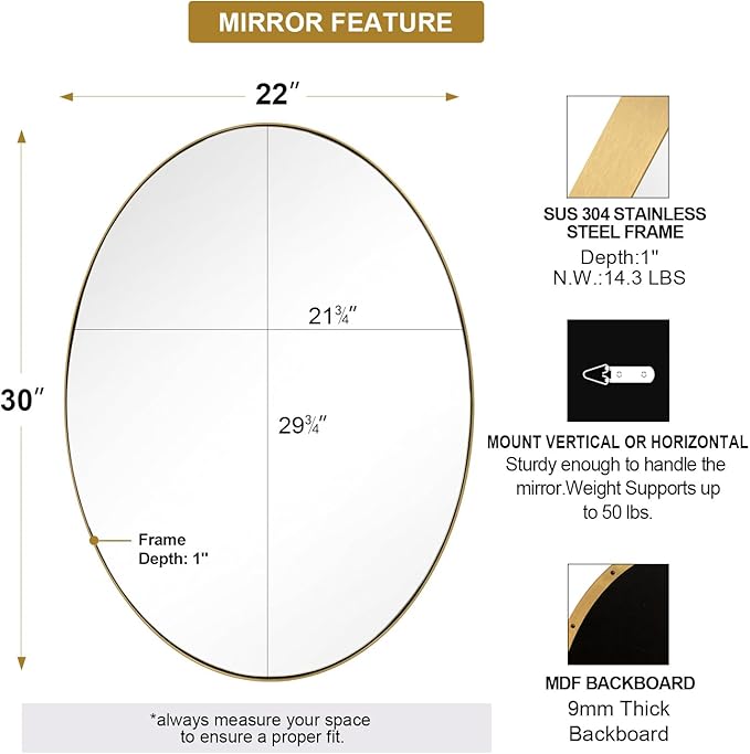 ANDY STAR Gold Oval Mirrors for Bathroom, 22x30 Inch Brushed Gold Stainless Steel Metal Framed Oval Wall Mirror, Modern Vanity Mirror Wall Mount Horizontal or Vertical