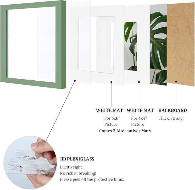 Egofine 8x8 Picture Frames 4PCS, Made of Solid Wood Covered by Plexiglass Display 4x4/6x6 with Mat or 8x8 without Mat, for Table Top Display and Wall Mounting Photo Frame, Green