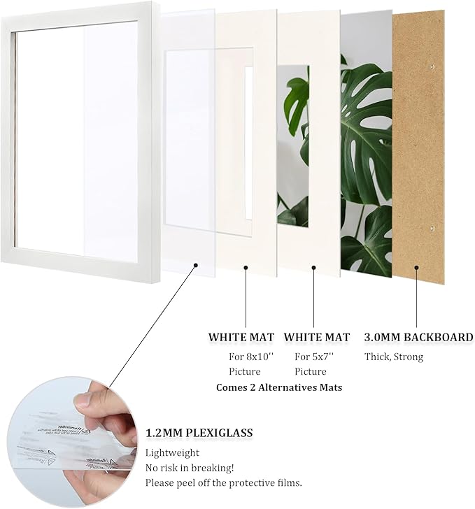 Egofine 11x14 Picture Frames 4PCS Covered by Plexiglass, Made of Solid Wood, Display Pictures 8x10/5x7 with Mat or 11x14 Without Mat for Table Top and Wall Mounting, White with Texture