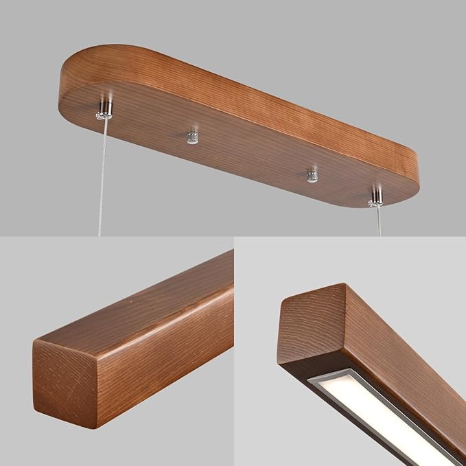 31 Inch Wood Linear Pendant Light Dimmable LED Kitchen Island Lighting with Remote Adjustable Hanging Chandelier for Dining Room Bar Pool Table 19W Modern Farmhouse Fixture Walnut Color