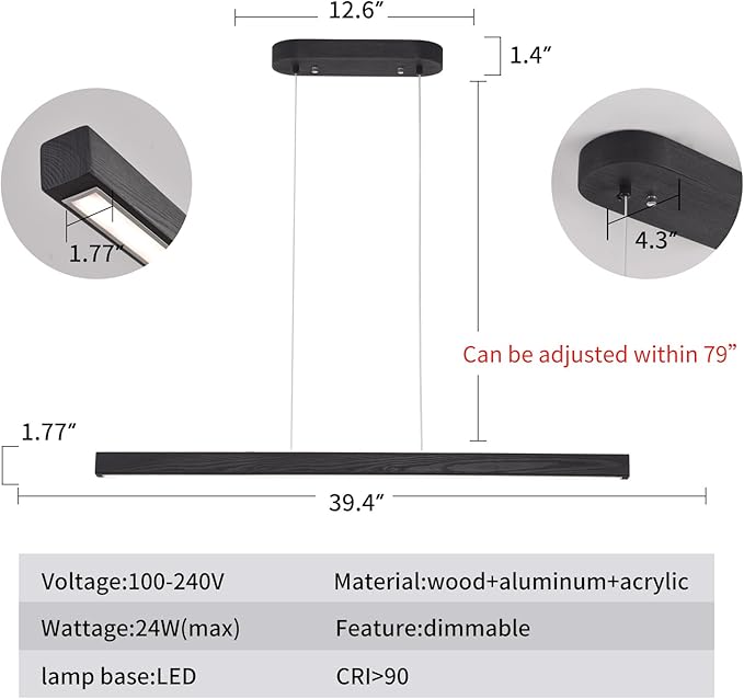 39 Inch LED Linear Pendant Light Black Wood LED Kitchen Island Lighting Dimmable Ceiling Hanging Chandeliers for Dining Room Living Room Bar Pool Table 24W Modern Farmhouse Fixture Black