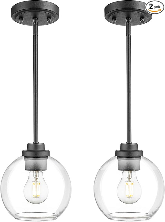 Matte Black Pendant Light, Mid Century Globe Haning Light Fixture Ceiling with Clear Glass for Kitchen Island Dining Room Bedroom Hallway Foyer (2 Pack), PL101BK-2PK