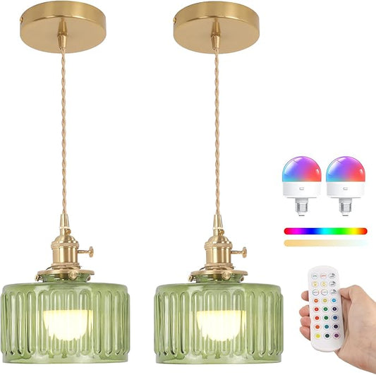 Battery Operated Pendant Light 5000mAh Rechargeable Chandelier with Remote Control Wireless Adjustable Hanging Green Striped Light for Kitchen Island Dining Room Hallway, 2 Pack