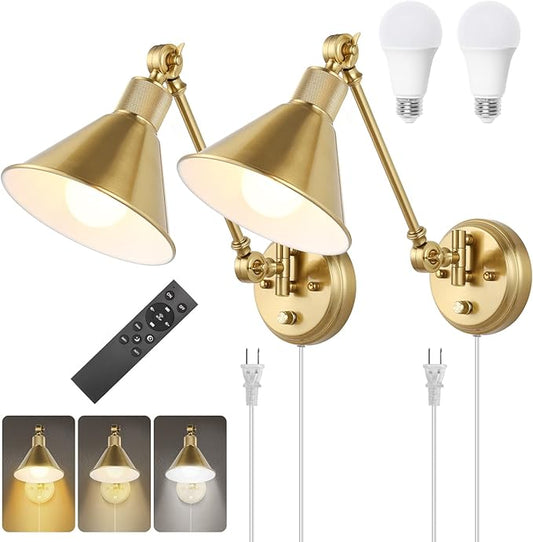 TRLIFE Dimmable Wall Sconce with Remote Control, Brushed Brass Plug in Wall Sconces Adjustable Color Temperature 2700K-6000K, Swing Arm Wall Lights with Plug in Cord, UL Listed(2 Pack, 2 Bulbs)