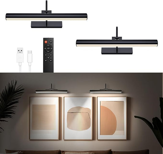 Cordless Picture Light for Wall, Battery Operated Art Light with 3CCT Dimmable, 5200mAh Battery Wall Sconce with Remote & Timer, 13in LED for Paintings, Gallery Artwrok, Picture Display - Black 2Pcs