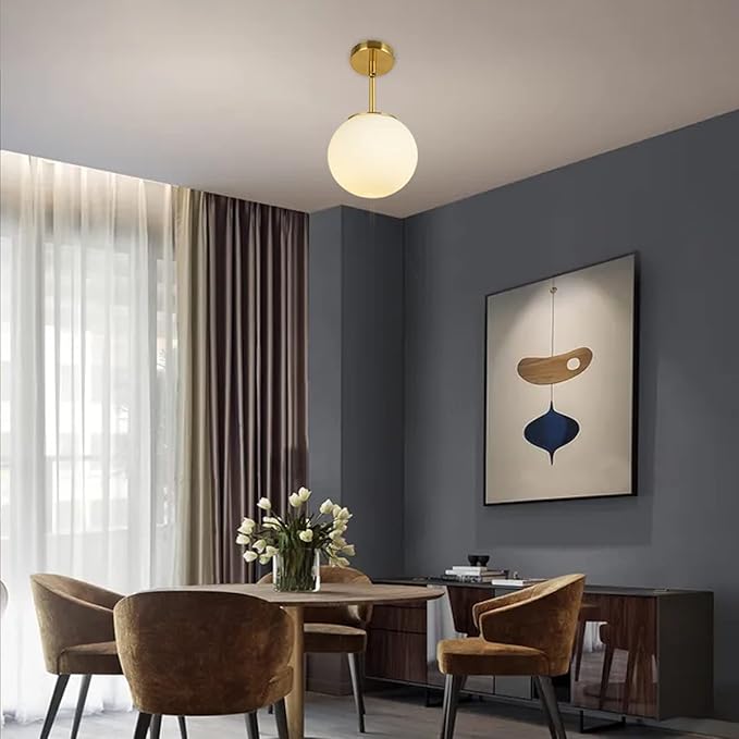 Globe Pendant, Matte White Glass with Brass Finish, One Light Pendant Hanging Modern Light Fixture (25cm/ 10inch Lampshade)