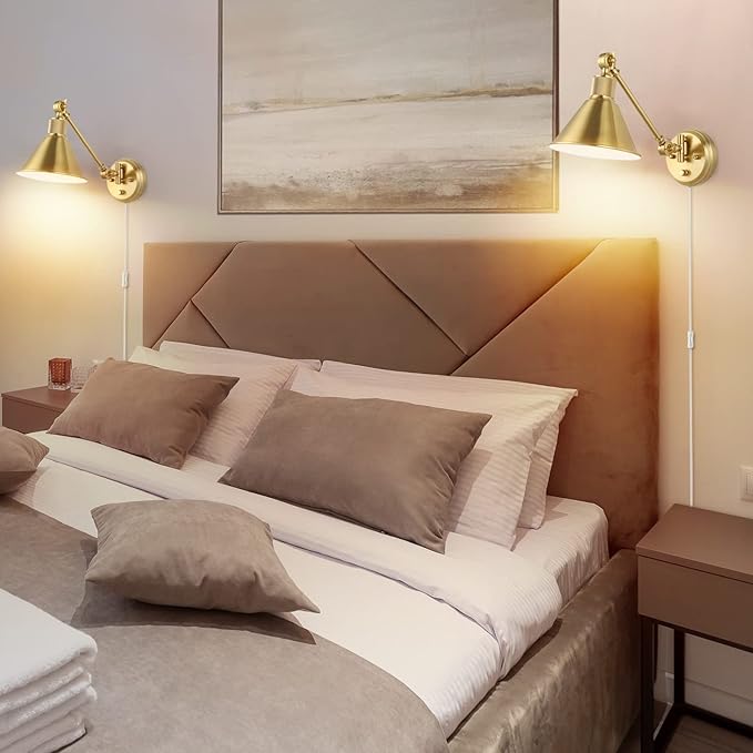 TRLIFE Wall Sconce Plug in, Dimmable Wall Sconces Set of 2 Wall Lights with Plug in Cord and Dimmer On/Off Knob Switch, Brushed Brass Swing Arm Wall Light, UL Listed(2 Pack, 2 Bulbs)