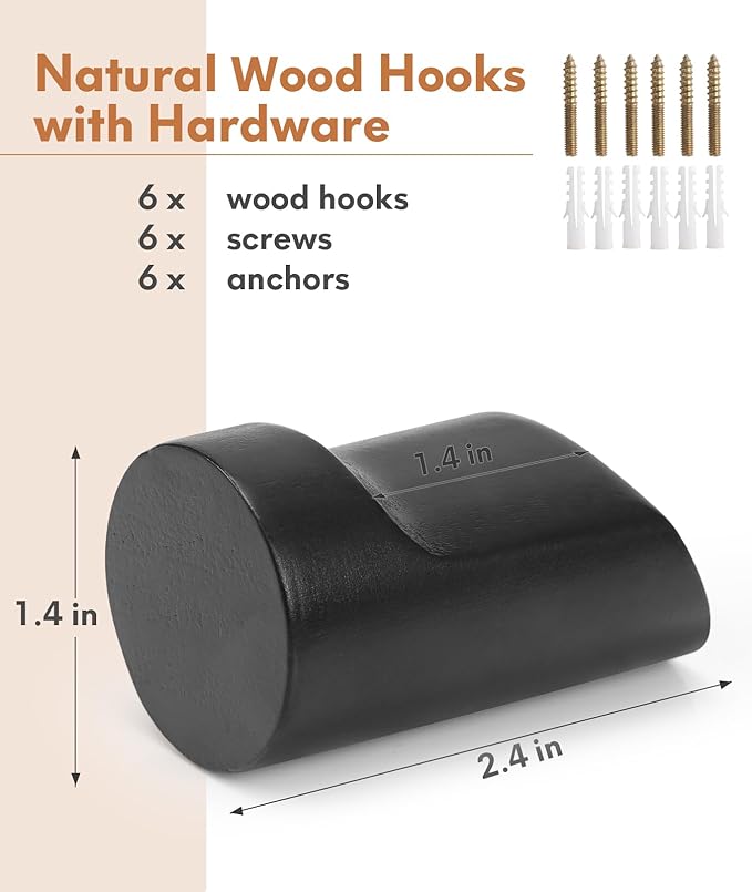 Wood Wall Hooks for Hanging, 4 Pack Hat Hook for Walls, Coat Hook Wall Mount, Backpack Hooks for Walls, Bathroom Towel Hanger (Black)