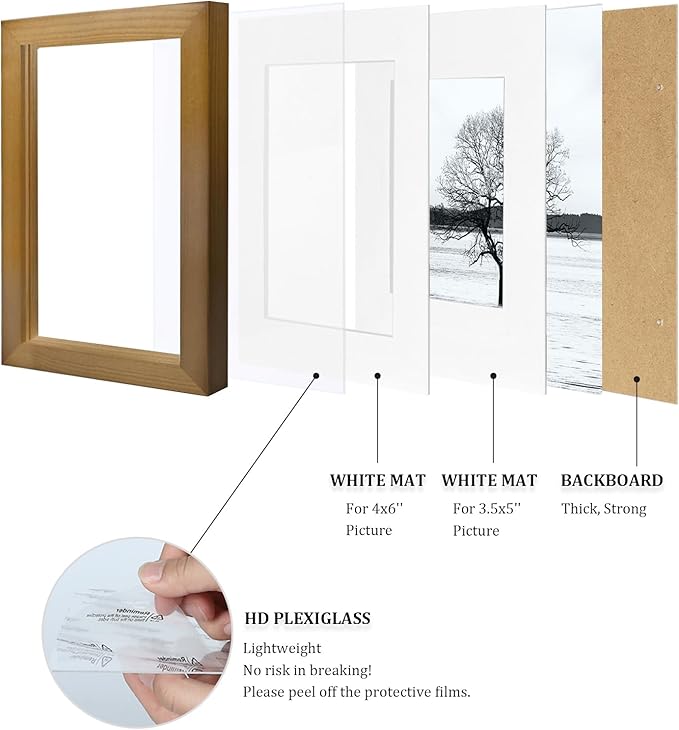 Egofine 4x6 Picture Frames Set of 4 - Made of Solid Wood for Table Top Display and Wall Mounting photo frame Light Brown