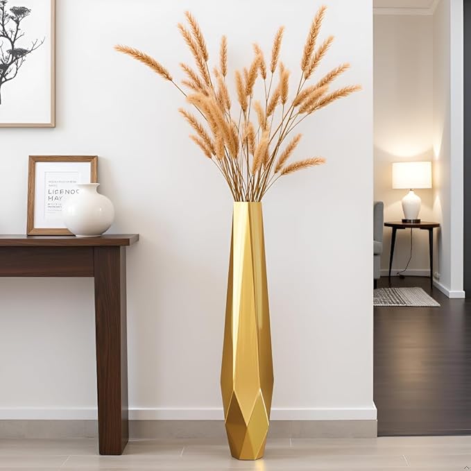 Tall Vases - 27.5" Tall Floor Vase for Home Decor, Resin Floor Vase with Handmade Dimensional Geometric Style, Fits Into Hay/Pampas Grass, Boho Living Room Decor (Gold)