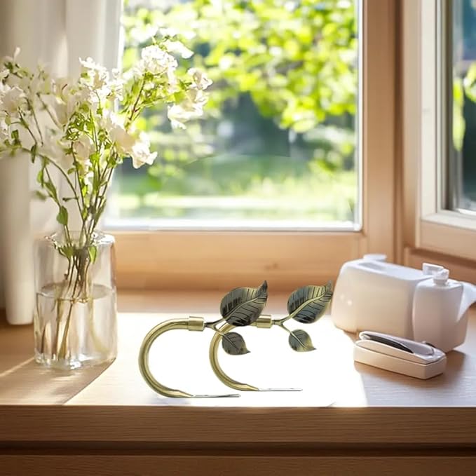 Rbeusau Leaf Shaped Heavy Duty Curtain Holdbacks 2pcs, Traditional Style Antique Brass Handmade Metal Curtain Tiebacks for Wall, Curtain Tie Hook Pull Backs for Drapes Window Home Decoration
