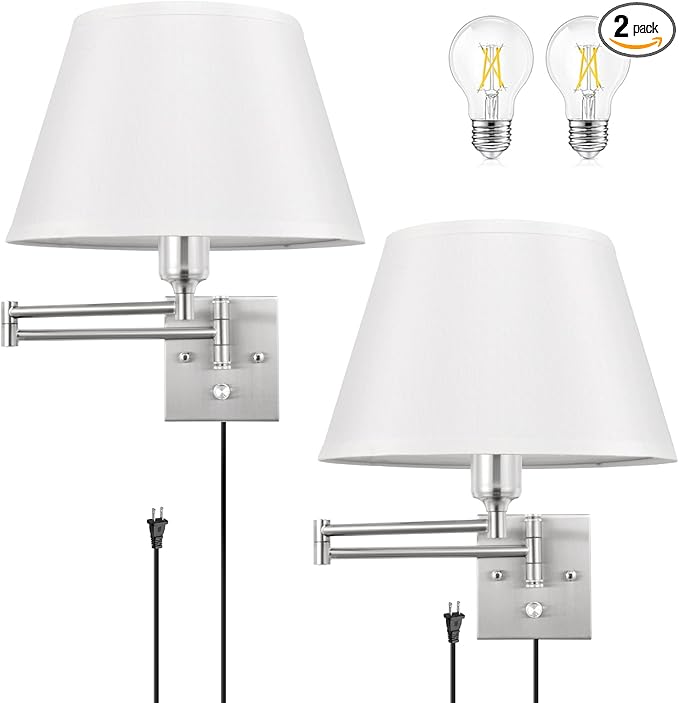 TRLIFE Dimmable Wall Sconce Plug in, Brushed Nickel Wall Sconces Set of Two Swing Arm Wall Lights with Plug in Cord and On/Off Dimmer Rotary Switch, 11.8" Large White Fabric Shade(2 Pack, 2 Bulbs)