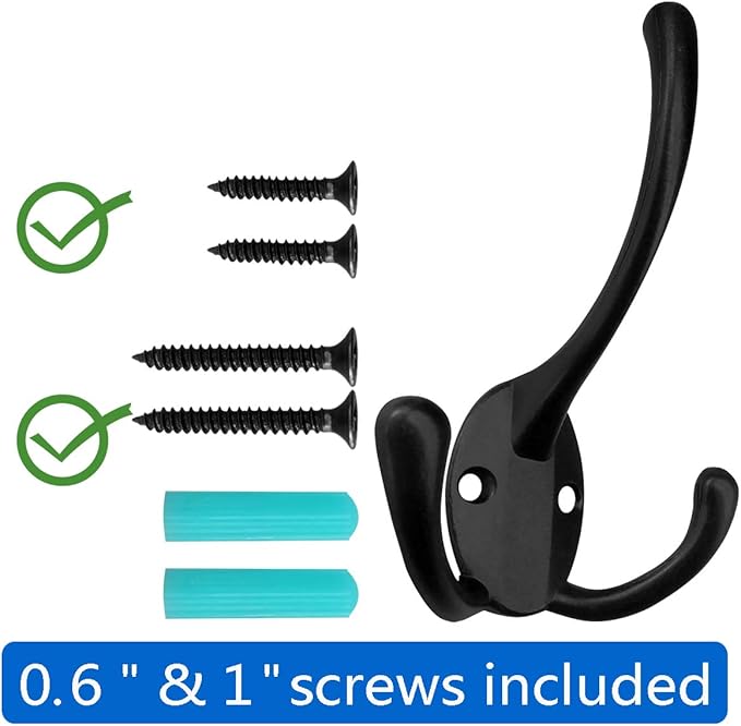 IBosins 6 Pack Big Heavy Duty Three Prongs Coat Hooks Wall Mounted with 24 Screws (Two Types of Screws Included) Retro Double Utility Rustic Hooks for Thick Coat, Big Heavy Bags (6 Pack)