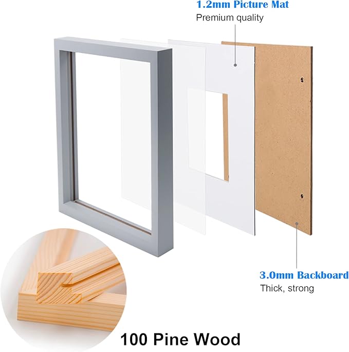 Egofine 11x11 Picture Frames 4 Pack, Display Pictures 4x4 or 8x8 with Mat or 11x11 Without Mat Made of Solid Wood Covered by Plexiglass for Table Top Display and Wall Mounting Photo Frame, Light Gray