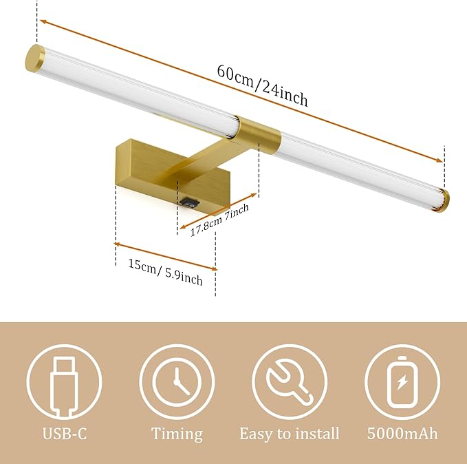 Gold Wireless Picture Light, Battery Operated 23.6 Inches for Wall, Rechargeable With Remote for Display Art Work