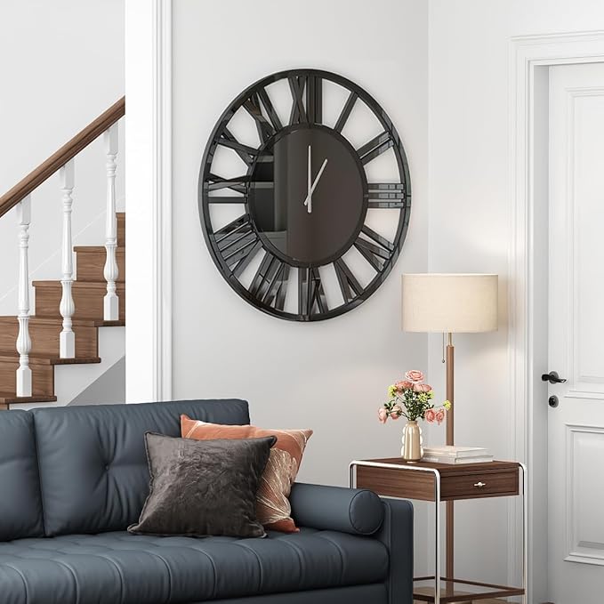 SHYFOY 39" Modern Black Mirror Finish Wall Clock with Roman Numerals - Large Silent Non-Ticking Decorative Clock for Living Room, Bedroom, and Office - Easy to Hang