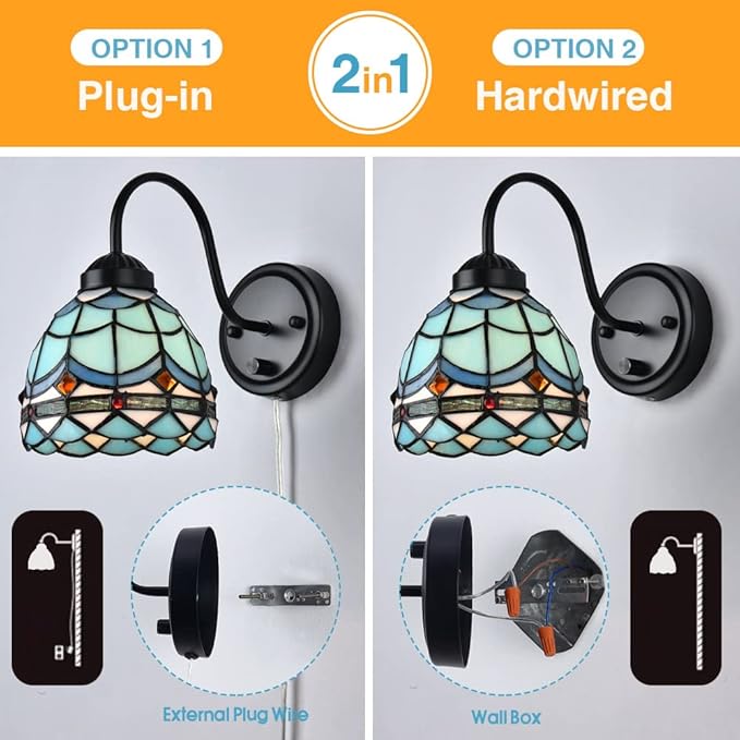 Tiffany Bedside Wall Mount Lamp with Dimmable Switch, Industrial Vintage Gooseneck Wall Sconce with Plug in Cord, Wavy Blue Stained Glass Shade Wall Light Perfect for Bedroom, Living Room