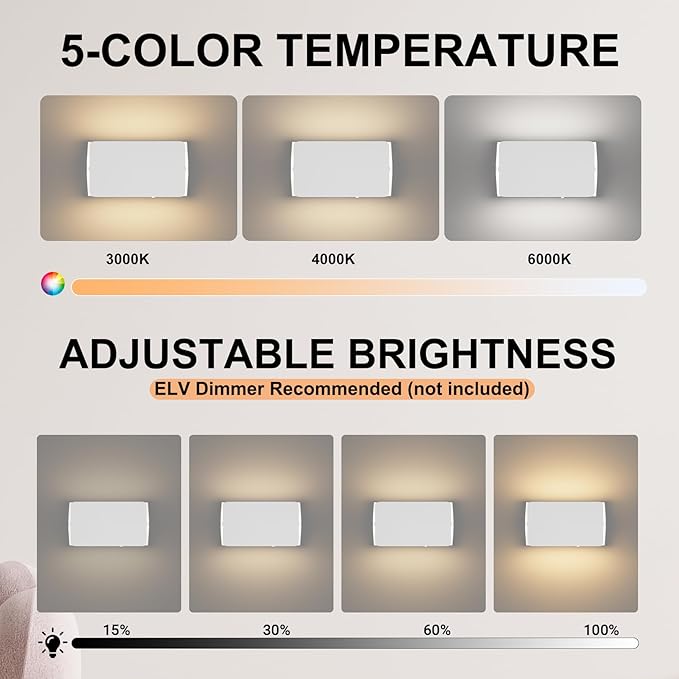 Indoor Modern Led Aluminum Wall Sconces,18W 5CCT 3000K-6000K Dimmable Hardwired Wall Light with Rotatable Lampshade,Contemporary Wall Lamp for Bedroom Living Room Hallway Stairway(White,2Pack)