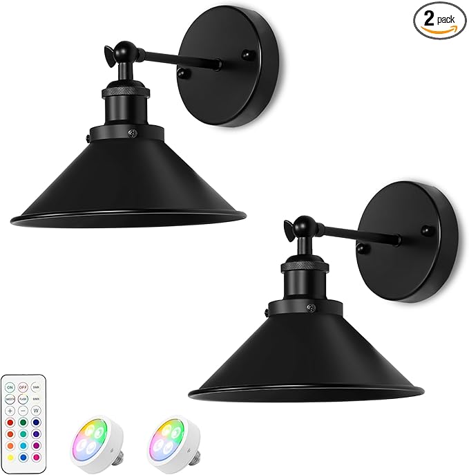 Battery Wall Sconces Set of Two, Battery Operated Sconces, Dimmable Cordless Wall Sconce, RGB Fabric Wall Lights No Hardwired Need, Suitable for Bedroom Living Room Corridor Kitchen