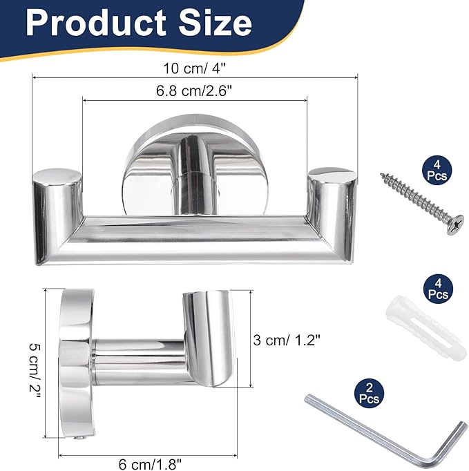 uxcell Double Towel Hook, Stainless Steel Coat Hook, Wall Mount Robe Hooks Hand Towel Hanger for Bathroom Kitchen Living Room, Bright Silver