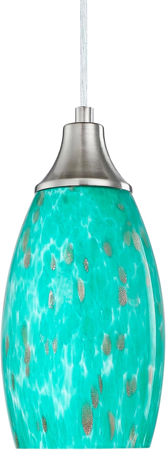 Mini Pendant Lights Kitchen Island Hand Blown Aqua Glass Pendant Light with Brush Nickel Finish Adjustable Cord for Kitchen Over Sink,Hallway,Dining Room,Stairs Way