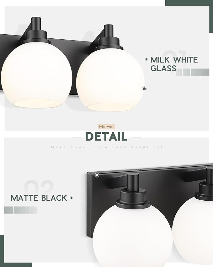 Bathroom Light Fixtures, 4 Light Matte Black Vanity Light, 26 Inch Modern Wall Sconces with Globe Milk White Glass Shade, Vanity Lighting Fixtures Over Mirror, VL195-MB-ML-4