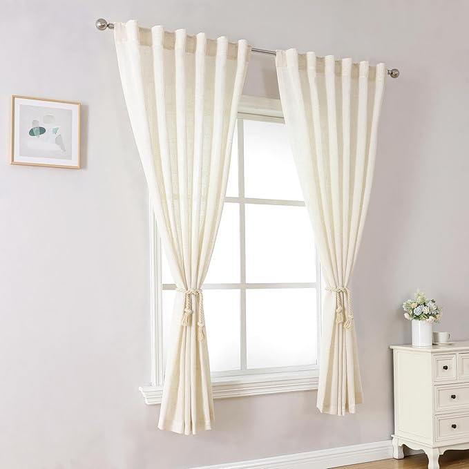 MIUCO Linen Curtains, 72 Inches Long for Bedroom & Living Room, Light Filtering Boho Drapes, Rod Pocket & Back Tab, 2 Tiebacks, 2 Panels Natural