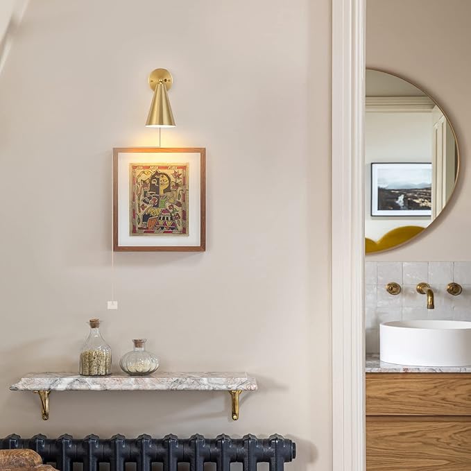 MWZ Gold Wall Sconces Set of Two Plug in,Brass Modern Dimmable Sconces Adjustable Angle Lights with Metal Shade and Dimmer On/Off Rotary Switch, Wall Mounted Light for Bedroom Bedside Stairway