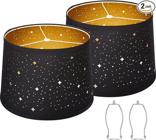 Black Drum Lampshades Set of 2 With Sky Stars Design, 11.6" x 12.6" x 9.8" for Table Lamp, Floor Lamp, Pendant Light - Easy Assembly Required