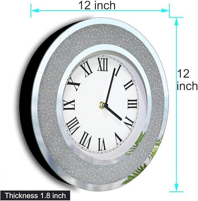 DMDFIRST Bling Silver Round Mirror Clock 12inch. Glam Sparkle Twinkle Shining Mirrored Wall Clock for Wall Decoration Silver Glass Mirror Home Decor. AA Battery is not Included.