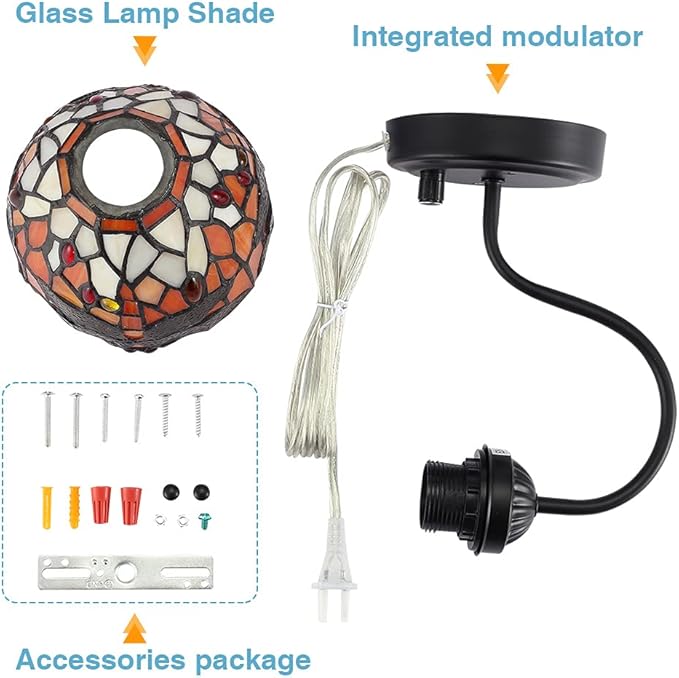 Tiffany Bedside Wall Mount Lamp with Dimmable Switch, Industrial Vintage Gooseneck Wall Sconce with Plug in Cord, Dragonfly Stained Glass Shade Wall Light Perfect for Bedroom, Living Room