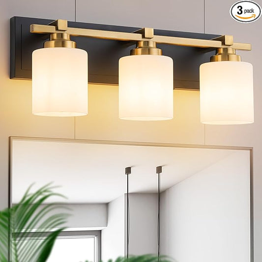 3 Light Modern Bathroom Light Fixtures Over Mirror, Black Gold Vanity Lights for Bathroom Wall Sconces with Milky White Glass Shades, E26 Socket (Bulbs Not Included)
