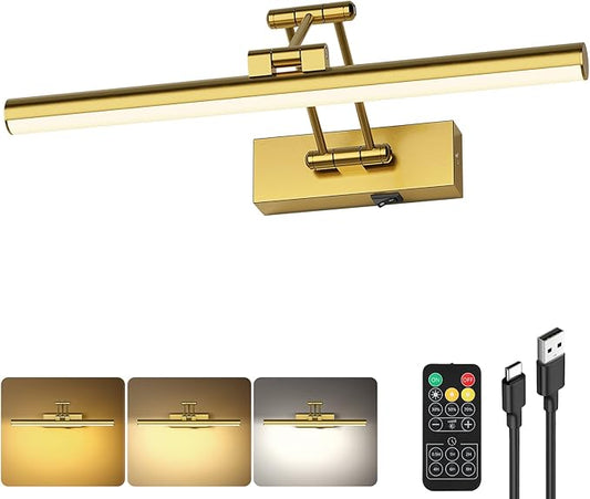 Joossnwell Picture Lights for Wall Battery Operated Art Light for Painting Wireless with Remote Rechargeable Brass Gallery Lighting 15.43 Inch for Portrait Library Artwork