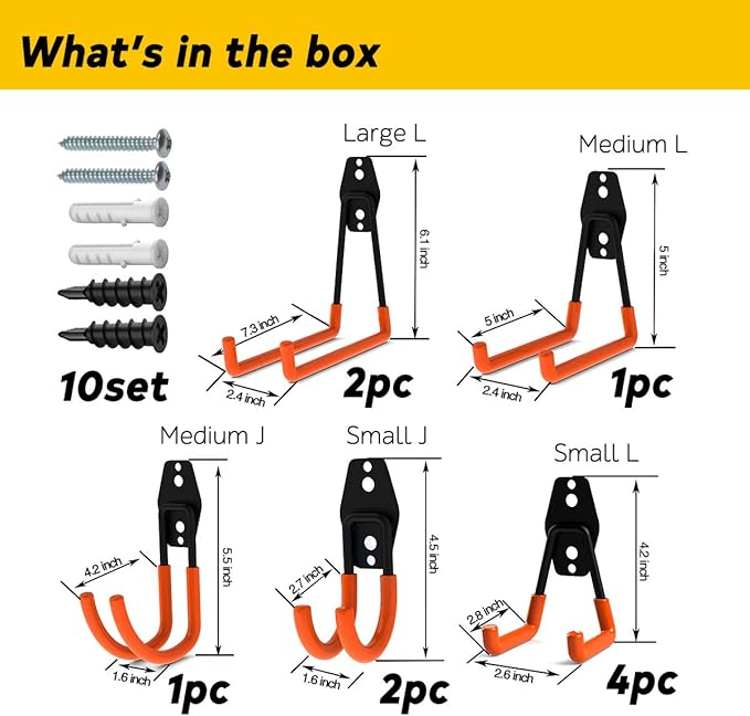 10-Pack Steel Garage Storage Utility Double Hooks, Heavy Duty for Organizing Power Tools, Ladders, Bulk Items, Bikes, Ropes Helmet Skateboard Basketball (Orange)