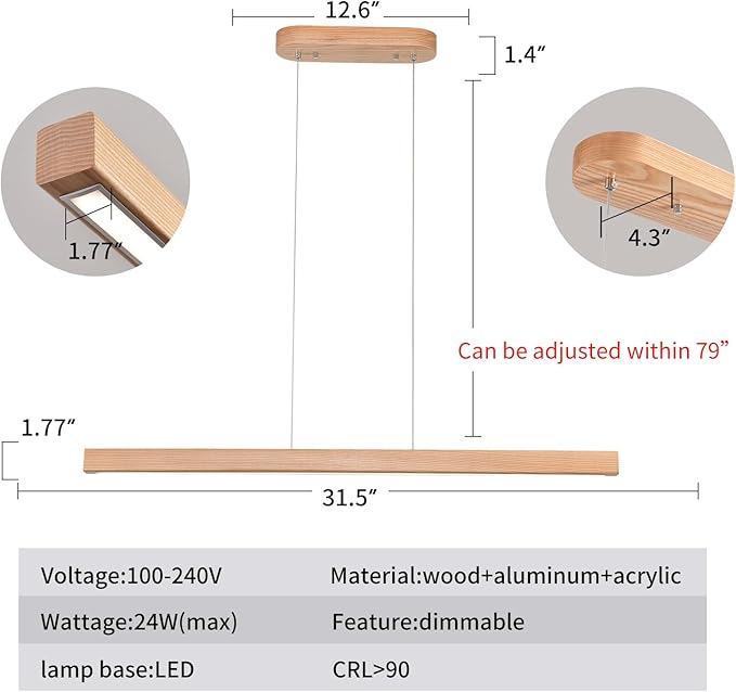 31" Wooden Linear Pendant Light LED Pendant Light Dimmable Pool Table Island Lights Modern Linear Chandeliers for Dining Room Kitchen Ceiling Pendant Lamp for Dining Room Kitchen Island Natural