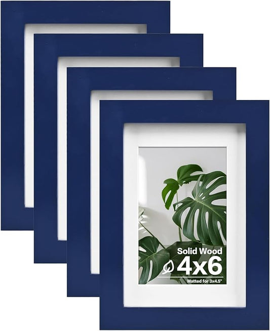 Egofine 4x6 Picture Frames 4PCS Covered by Plexiglass for Picture 3.5x5 with Mat or 4x6 whitout Mat Made of Solid Wood for Table Top Display and Wall Mounting Photo Frame, Navy Blue
