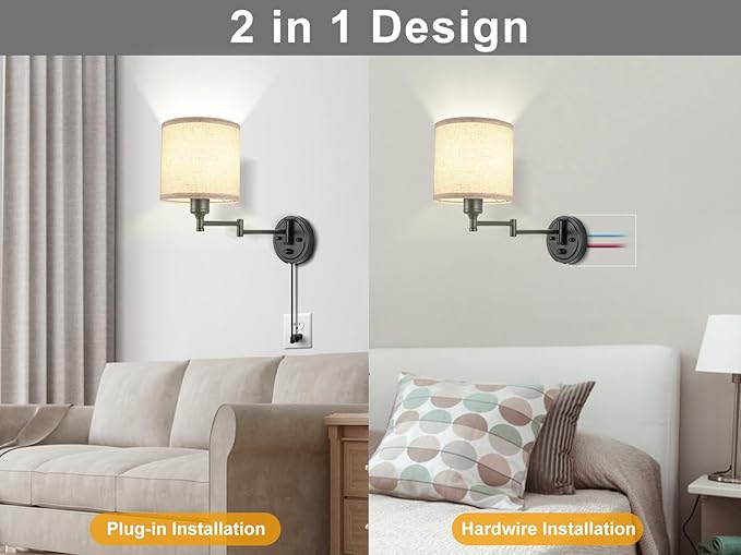 Plug in Wall Sconces with Remote Control, Dimming 10%-100% & Adjustable Colors 2700K-6500K, Hardwire or Plug-in, Swing Arm Wall Lamp with Linen Fabric Shade, Wall Sconces Set of Two, Black Finish