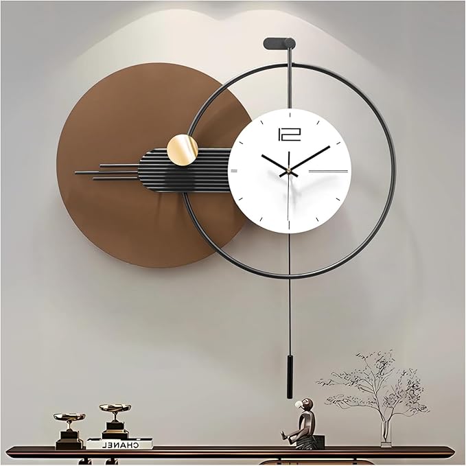 Large Modern Wall Clock for Living Room,Decorative Silent Battery Operated Wall Clock with Pendulum Metal Wall Art for Kitchen/Bedroom/Entryway/Office Decor