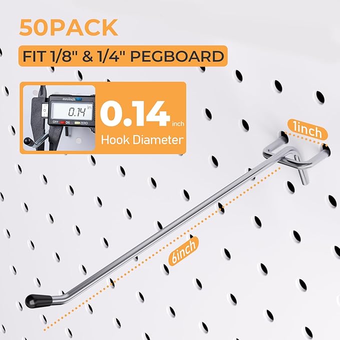 INCLY 50 Pack Pegboard Hooks, 6 Inch Metal Peg Board Shelving Hooks Accessories, Peg Board Tool Hangers Fit for 1/8“ and 1/4" Pegboard Hanging Tools for Garage, Craft Room, Kitchen, Store
