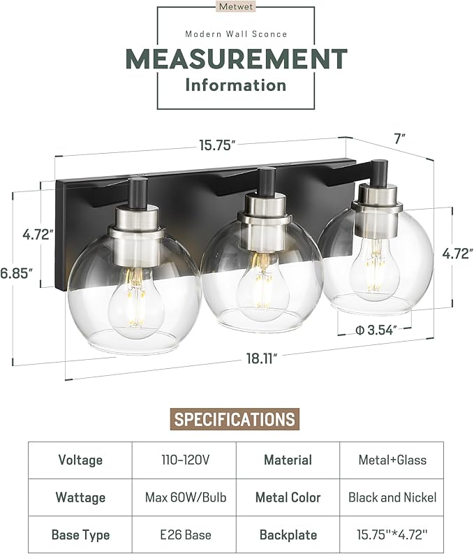 Bathroom Light Fixtures, 3-Light Black and Brushed Nickel Bathroom Vanity Light, Modern Wall Sconces with Globe Clear Glass Shade, Vanity Lighting Fixtures Over Mirror, VL195-KN-3