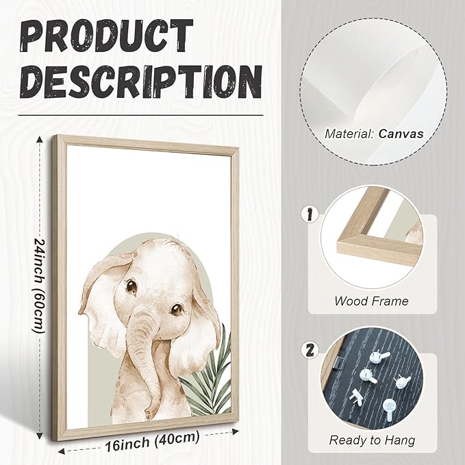 Animal Wall Art Pictures Baby Nursery Canvas Wall Art Decor Safari Animal Prints Jungle kids Wall Art Woodland Nursery Wall Decor Giraffe Jungle Poster for Room 16x24 Inch Wood Framed Set of 3