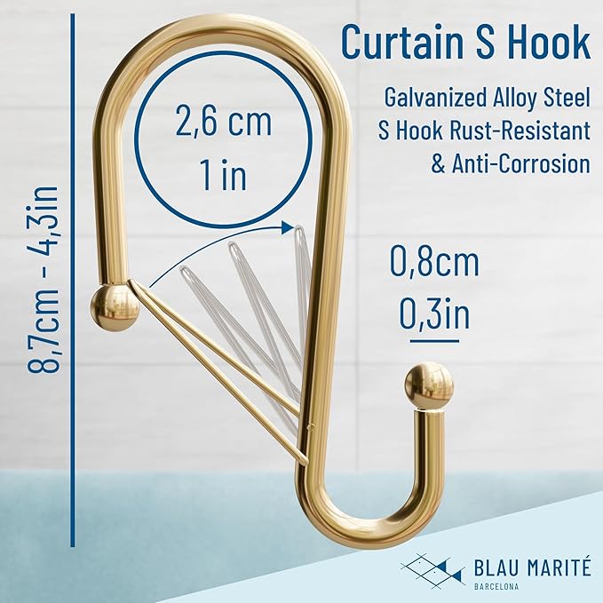 12 Decorative Metal Shower Curtain Hooks, S-Shaped Hooks with Anti-Fall System, Rust-Proof Shower Rings with Safety Buckle, Fits Rods Up to 1-Inch Diameter (S, Gold)